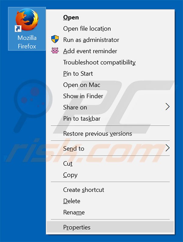 Removing forsearch.net from Mozilla Firefox shortcut target step 1