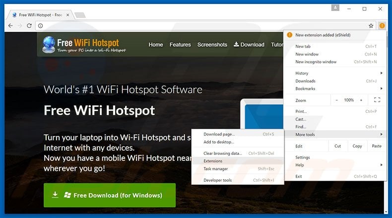 Removing Free WiFi Hotspot  ads from Google Chrome step 1