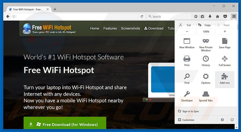 Removing Free WiFi Hotspot ads from Mozilla Firefox step 1