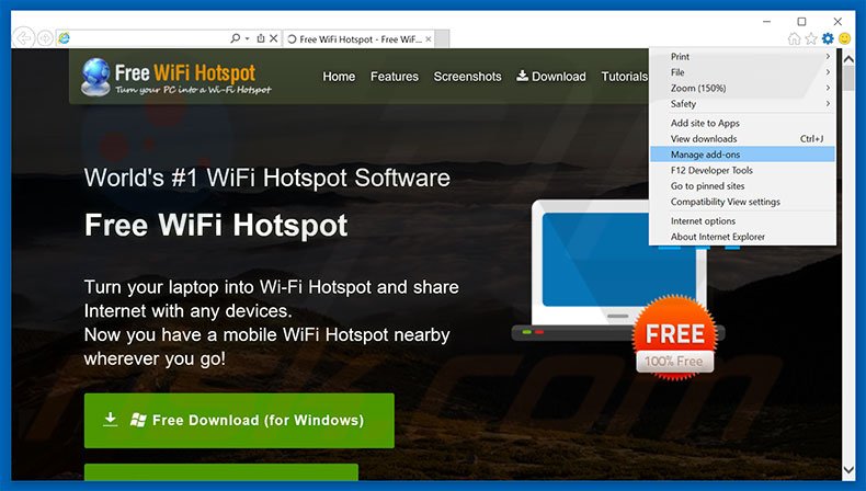 Removing Free WiFi Hotspot ads from Internet Explorer step 1