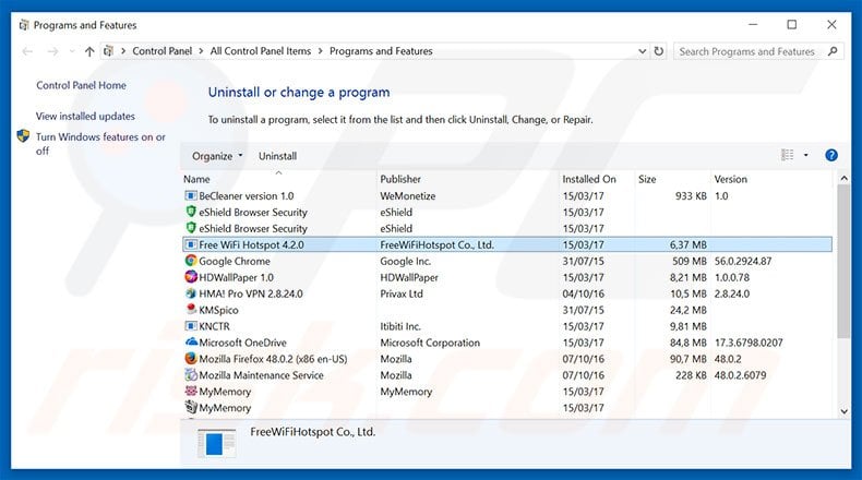 Free WiFi Hotspot adware uninstall via Control Panel