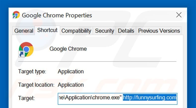 Removing funnysurfing.com from Google Chrome shortcut target step 2