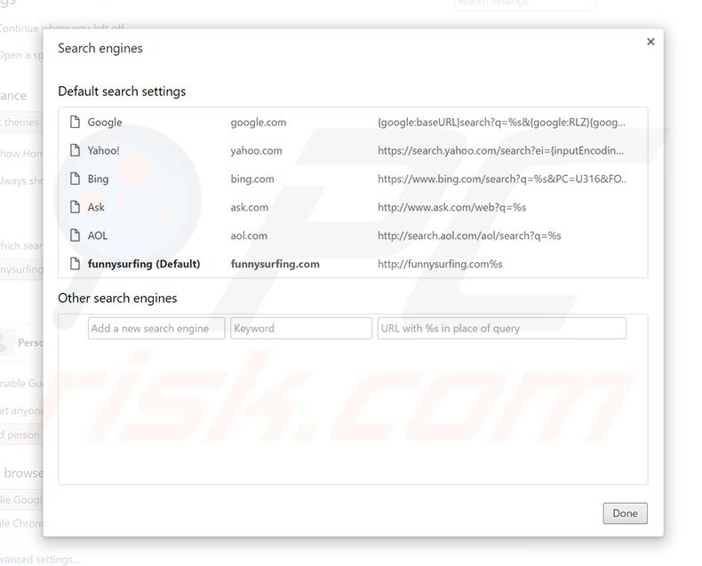 Removing funnysurfing.com from Google Chrome default search engine