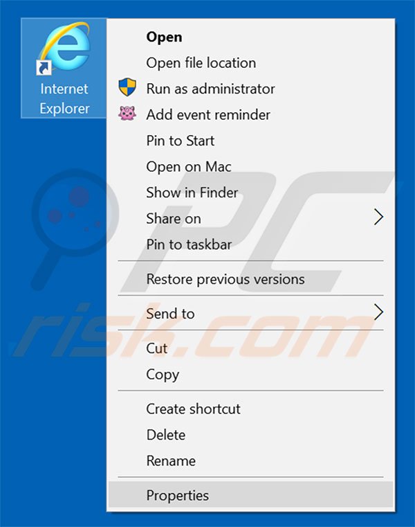 Removing funnysurfing.com from Internet Explorer shortcut target step 1
