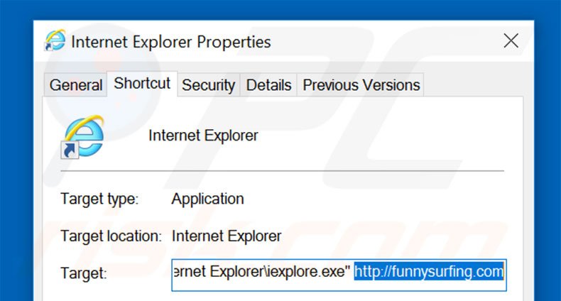 Removing funnysurfing.com from Internet Explorer shortcut target step 2