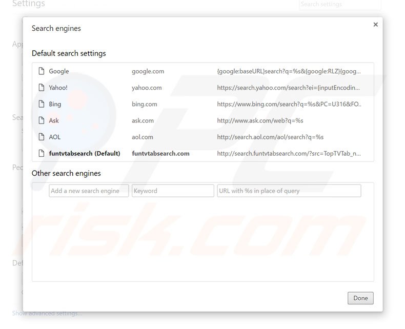 Removing search.funtvtabsearch.com from Google Chrome default search engine