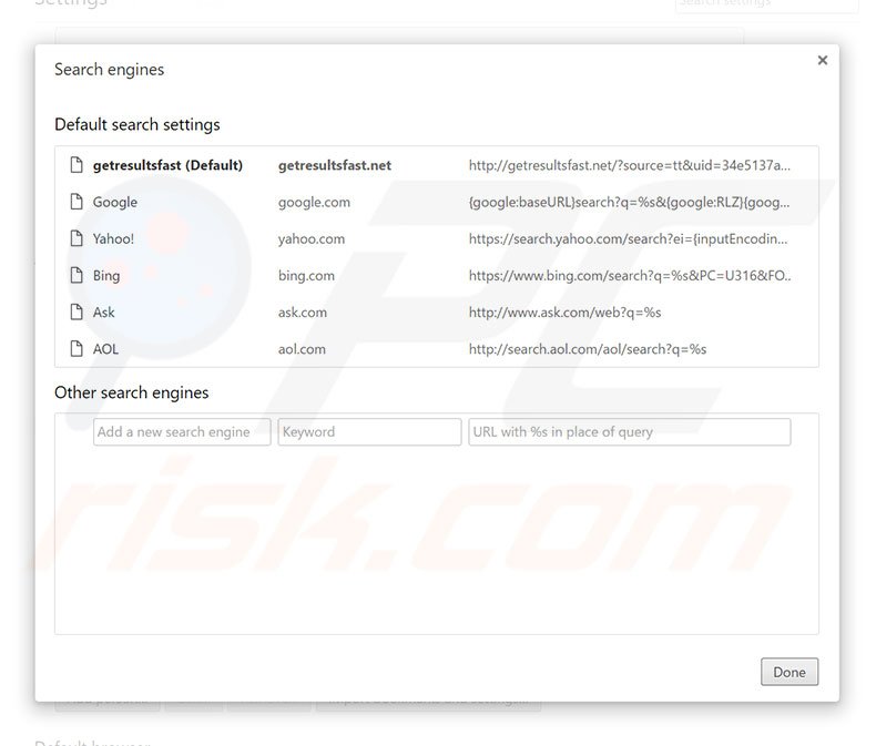 Removing getresultsfast.net from Google Chrome default search engine