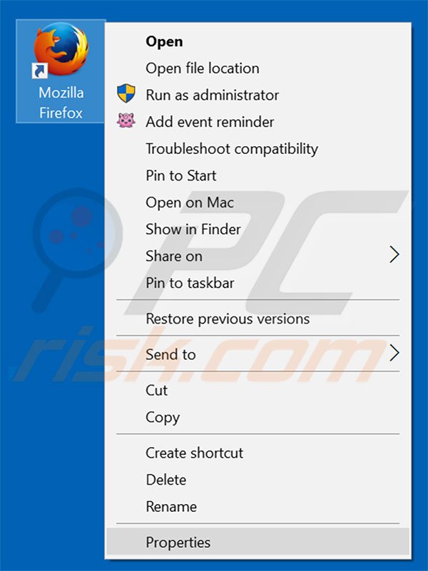 Removing getresultsfast.net from Mozilla Firefox shortcut target step 1