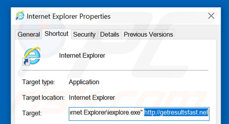 Removing getresultsfast.net from Internet Explorer shortcut target step 2