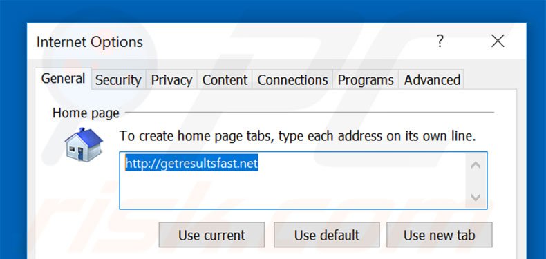 Removing getresultsfast.net from Internet Explorer homepage