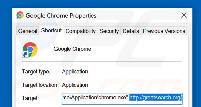 Removing greatsearch.org from Google Chrome shortcut target step 2