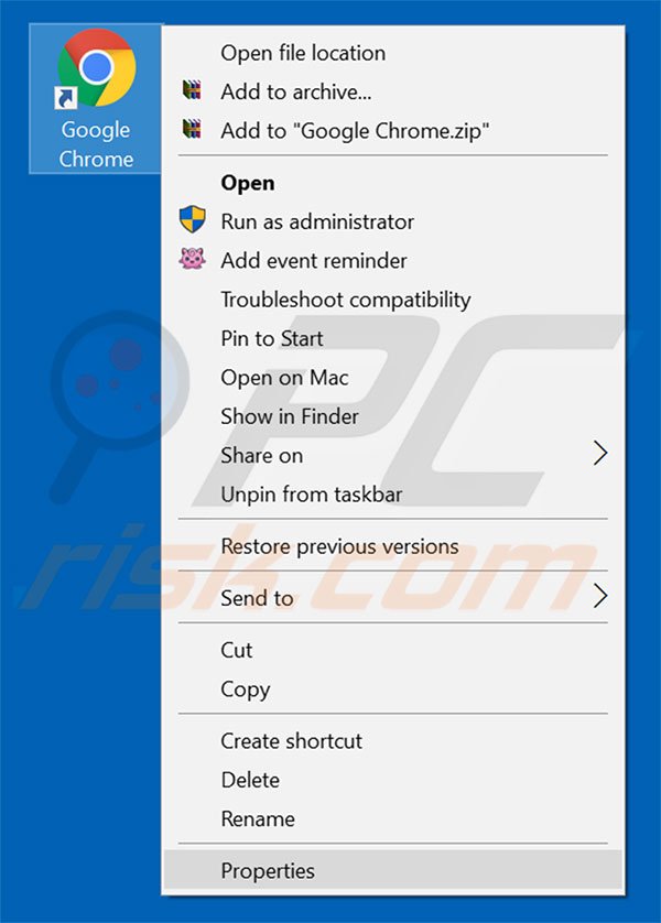 Removing guruofsearch.com from Google Chrome shortcut target step 1