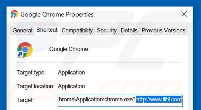 Removing ilitil.com from Google Chrome shortcut target step 2