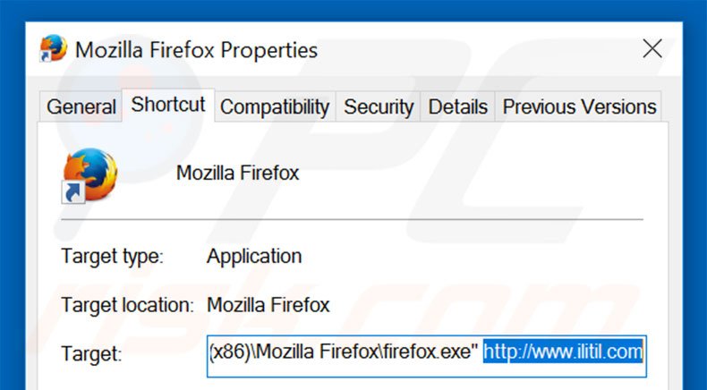 Removing ilitil.com from Mozilla Firefox shortcut target step 2