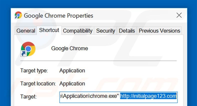 Removing initialpage123.com from Google Chrome shortcut target step 2