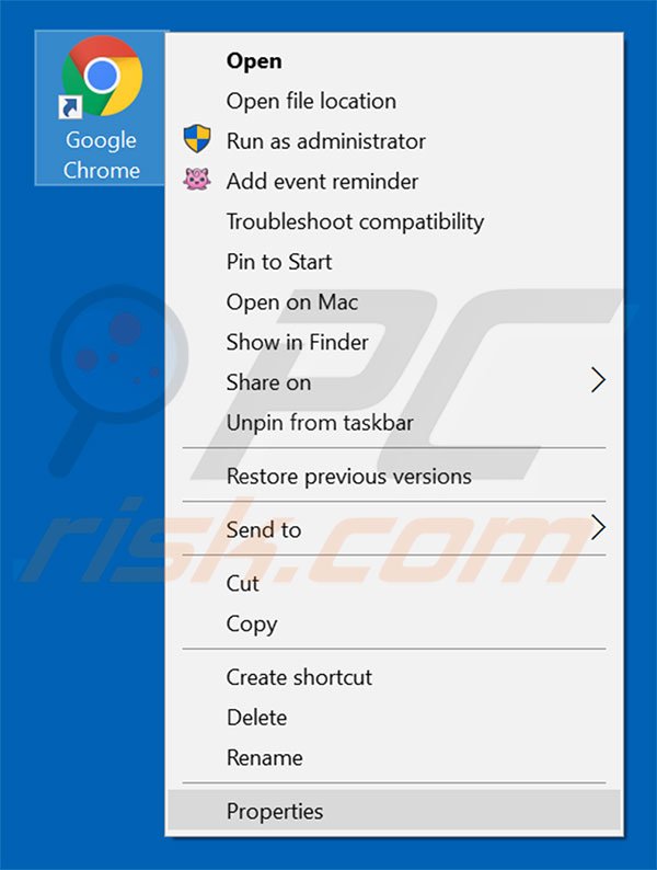 Removing initialsite123.com from Google Chrome shortcut target step 1