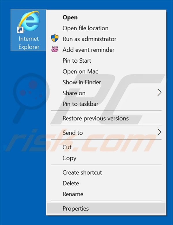 Removing initialsite123.com from Internet Explorer shortcut target step 1