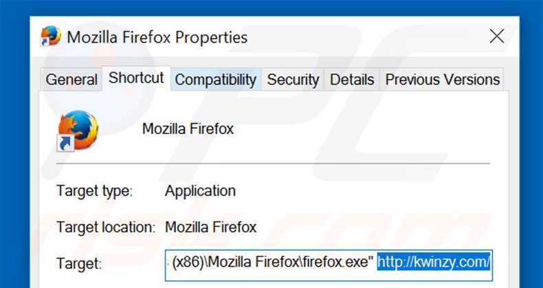 Removing kwinzy.com from Mozilla Firefox shortcut target step 2