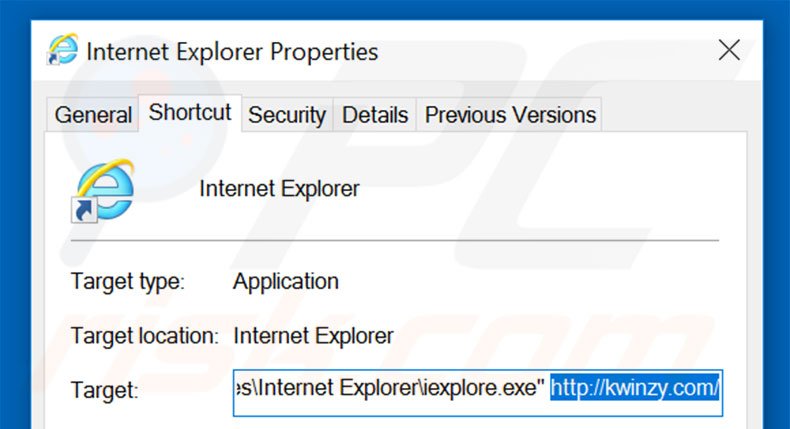 Removing kwinzy.com from Internet Explorer shortcut target step 2