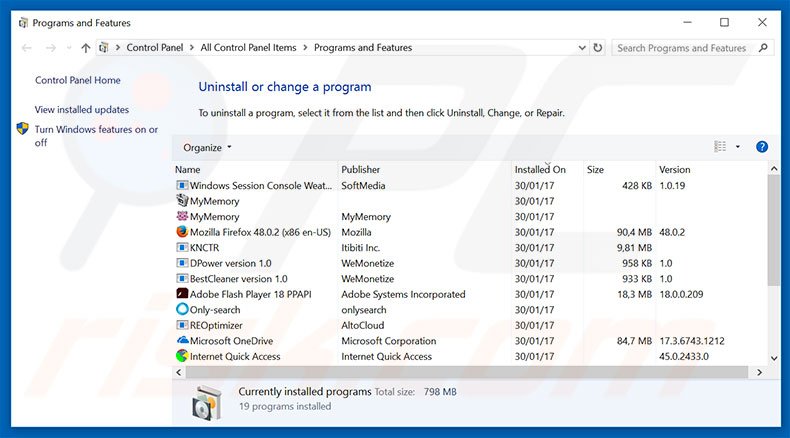 kwinzy.com browser hijacker uninstall via Control Panel