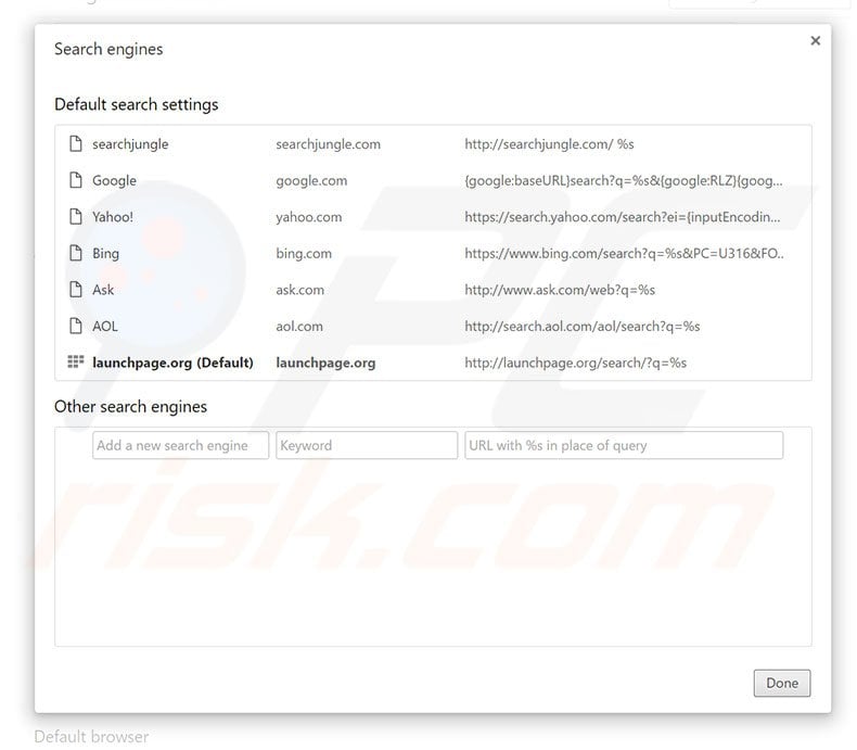 Removing launchpage.org from Google Chrome default search engine