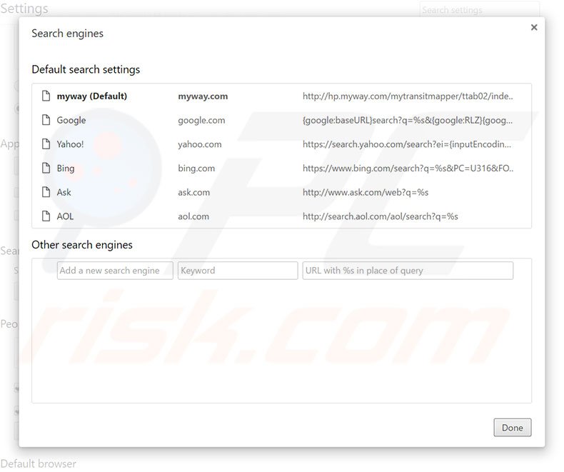Removing hp.myway.com from Google Chrome default search engine