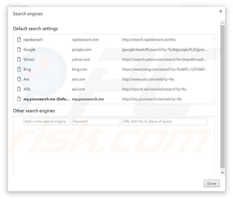 Removing my.yoursearch.me from Google Chrome default search engine
