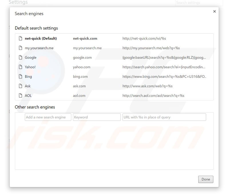 Removing net-quick.com from Google Chrome default search engine