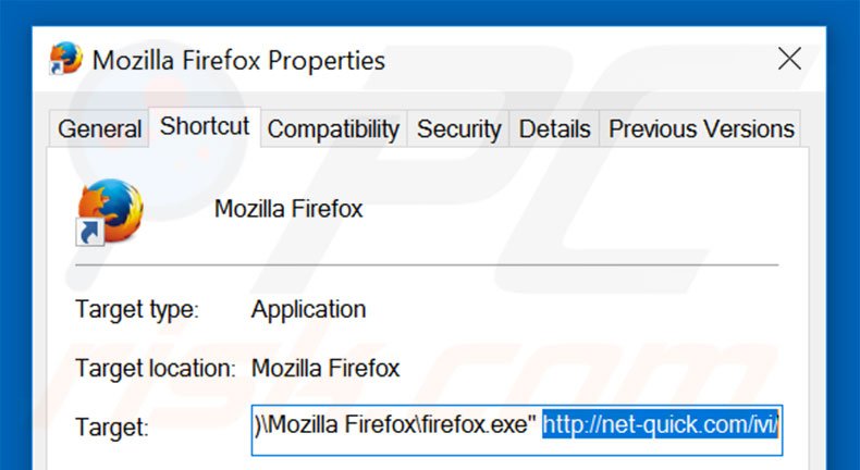 Removing net-quick.com from Mozilla Firefox shortcut target step 2