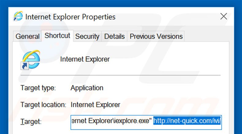 Removing net-quick.com from Internet Explorer shortcut target step 2