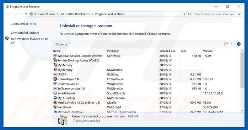 no-stops.net adware uninstall via Control Panel