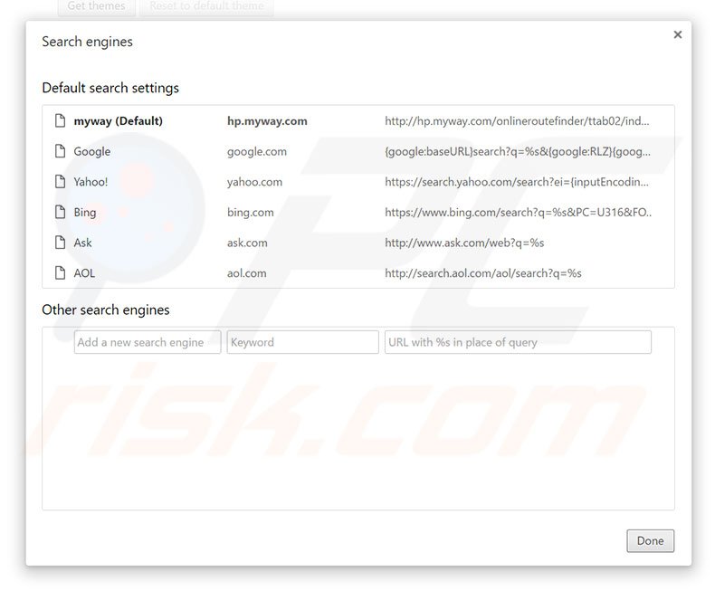 Removing hp.myway.com from Google Chrome default search engine