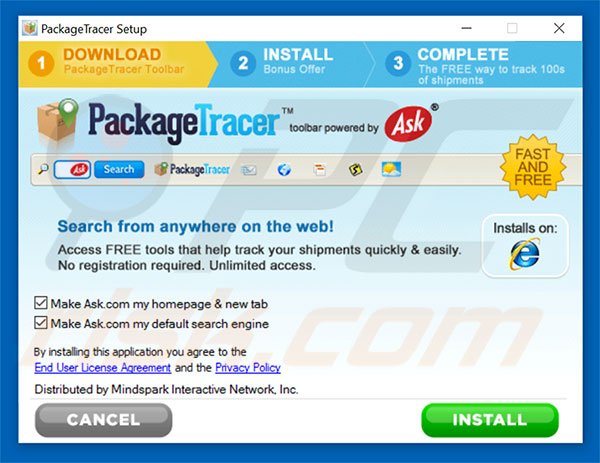 Official PackageTracer browser hijacker installation setup