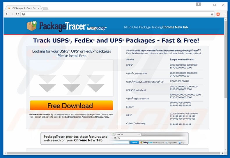 Website used to promote PackageTracer browser hijacker