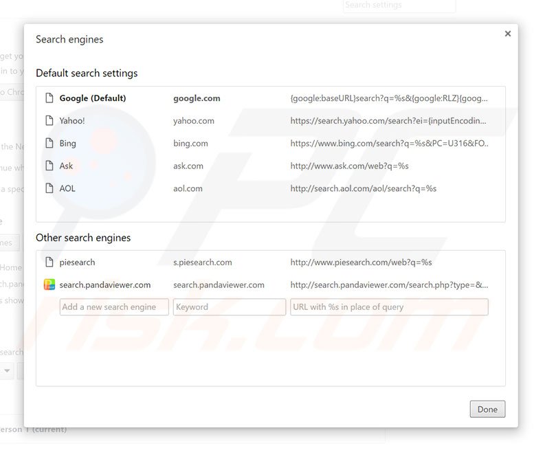 Removing search.pandaviewer.com from Google Chrome default search engine