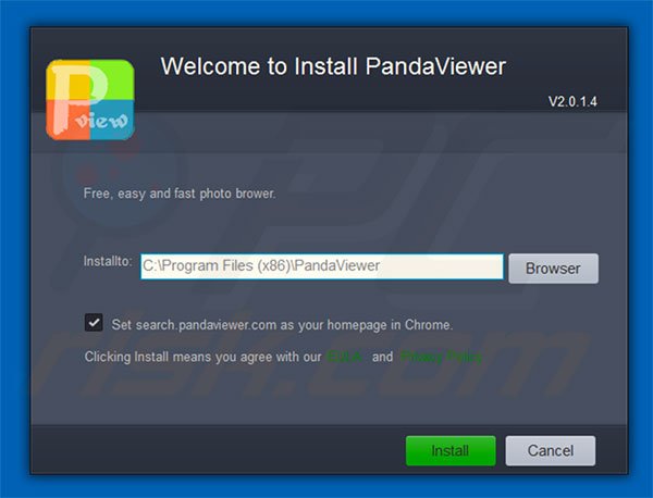 Official PandaViewer browser hijacker installation setup