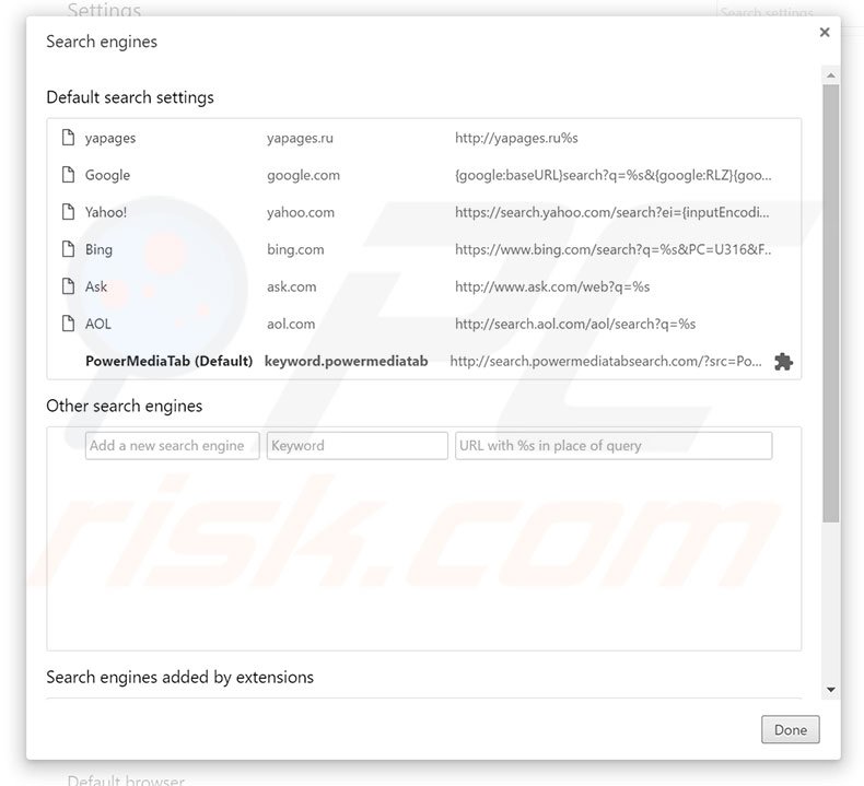 Removing search.powermediatabsearch.com from Google Chrome default search engine