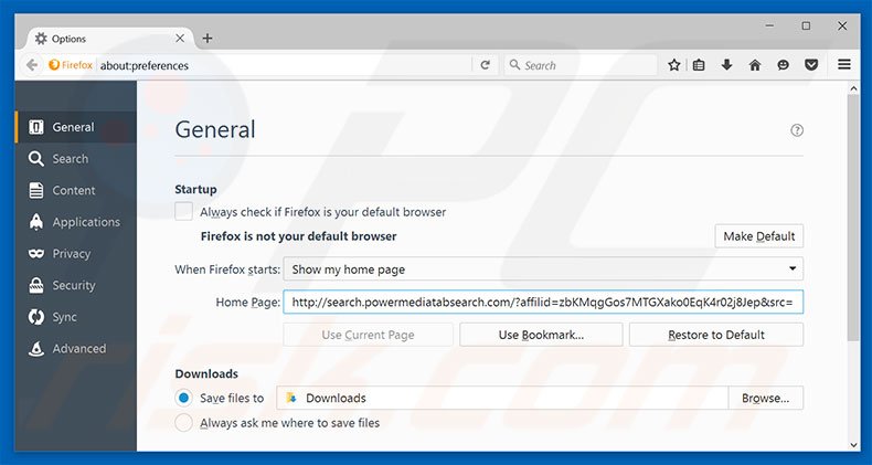 Removing search.powermediatabsearch.com from Mozilla Firefox homepage