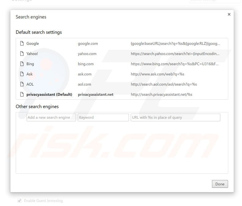 Removing search.privacyassistant.net from Google Chrome default search engine