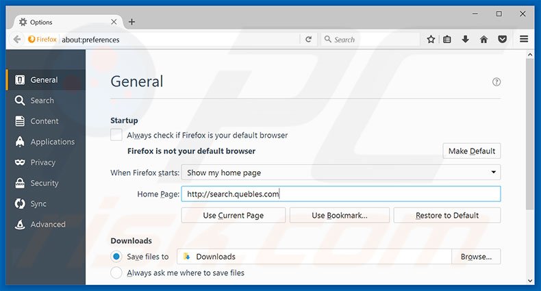 Removing search.quebles.com from Mozilla Firefox homepage