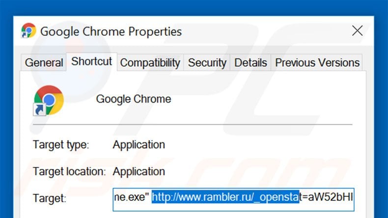 Removing rambler.ru from Google Chrome shortcut target step 2