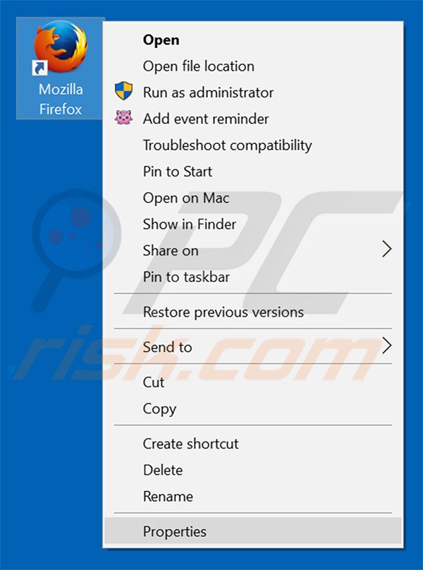 Removing rambler.ru from Mozilla Firefox shortcut target step 1