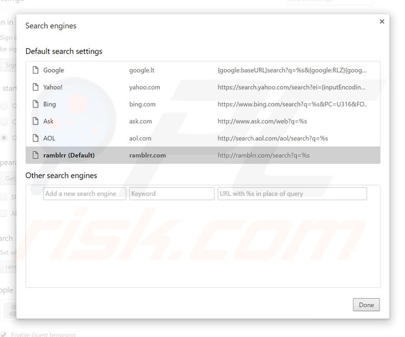 Removing ramblrr.com from Google Chrome default search engine