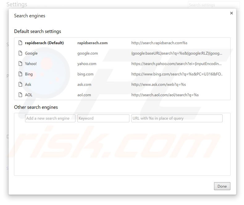 Removing search.rapidsearch.com from Google Chrome default search engine