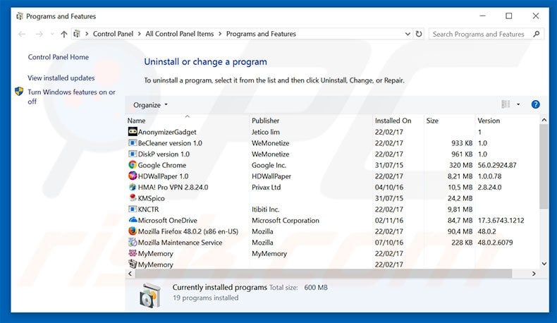 search.rapidsearch.com browser hijacker uninstall via Control Panel