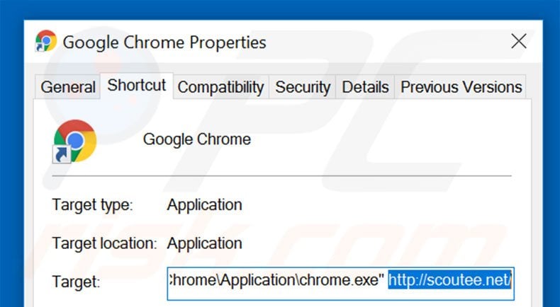 Removing scoutee.net from Google Chrome shortcut target step 2
