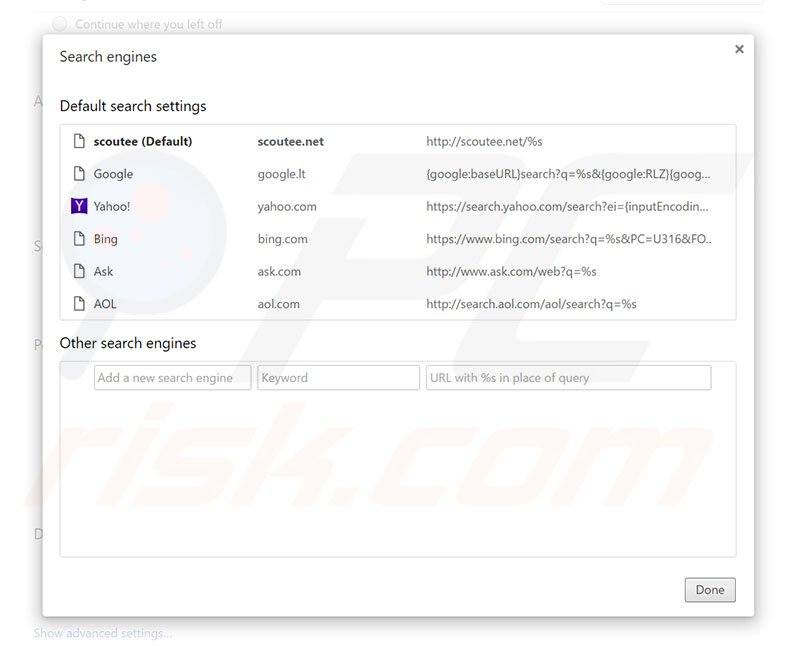 Removing scoutee.net from Google Chrome default search engine
