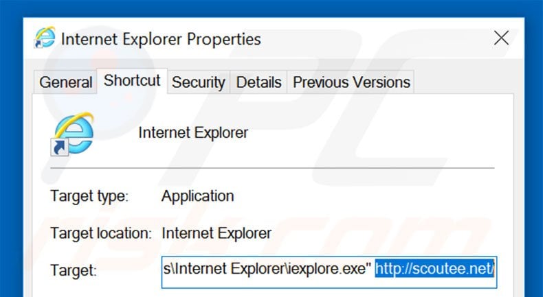 Removing scoutee.net from Internet Explorer shortcut target step 2
