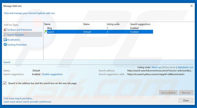 Removing search.searchdcnow.com from Internet Explorer default search engine
