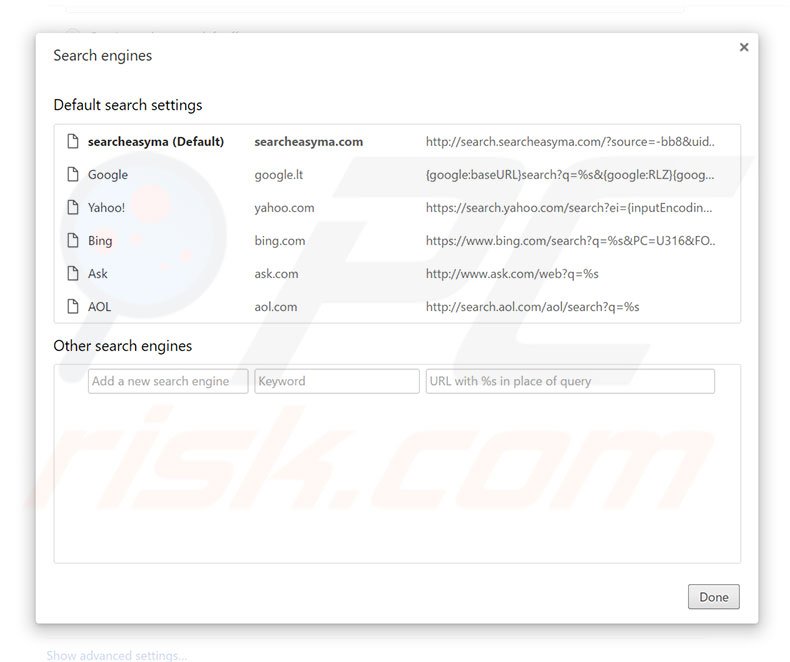 Removing search.searcheasyma.com from Google Chrome default search engine